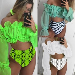 Women Sexy neon Fluorescent bikini set Mesh Lantern sleeve swimsuit Ruffle top High waist pants bikini Snakeskin print swimwear Bathing suit