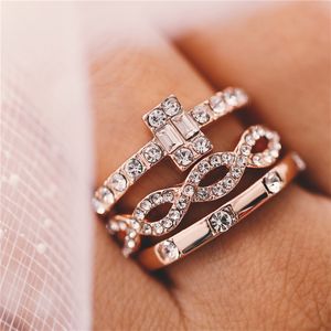3Pcs/Set Fashion Geometry Intersect Crystal Rings Set For Women Girls Engagement Wedding Rings Female Party Jewelry Gifts