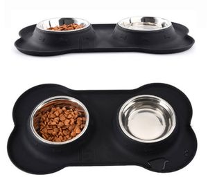 Silicone Pet Mat With Stainless Steel Bowls for Dog Cat Waterproof Food Pad Bowl Drinking Mat Feeding Placemat Easy Washing