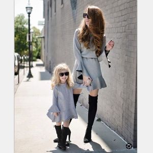 Casual Long Flare Sleeve Round Neck Dresses Family Matching Outfit Mother Daughter Autumn Parent-Child Par Dress