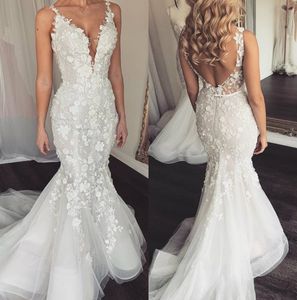 Elegant Mermaid Wedding Dresses V Neck Sleeveless Lace Bridal Gowns Slim Fit Boho Vintage Beach Backless Wedding Dress Custom