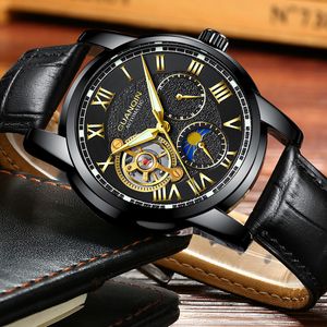 GUANQIN Herrenuhren Top-Marke Luxus Tourbillon Skelettuhr Herren Sport Leder Wasserdicht Automatische mechanische Armbanduhr