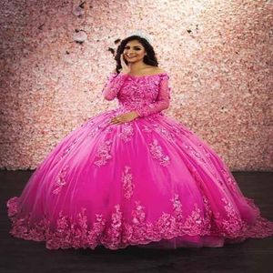 Eleganckie gorące różowe Quinceanera Prom Dresses Aplikacje Lace Off The Ramię Długie Rękawy Sweet 16 Dress Custom Party Vestidos