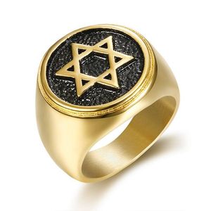 Rostfritt stål rockrulle hexagram män judiska religion ringar runda stjärna av david mäns ringar frimurer silver guld retro stil