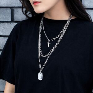 Free Fan Gothic Punk Metal Square Cross Necklace Hip Hop Long Chain Multi Layered Necklace For Women Men Jewelry Gifts