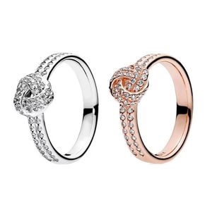 Set di anelli con nodo d'amore scintillante in argento sterling 925 Scatola originale per anello in oro rosa 18 carati con diamante CZ da donna in grano Pan-dora W170