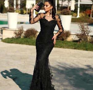 Mangas compridas preto Vintage Lace Mermaid Vestidos pura ilusão pescoço 2020 com contas apliques Sweep Trem formal do partido Prom Vestidos