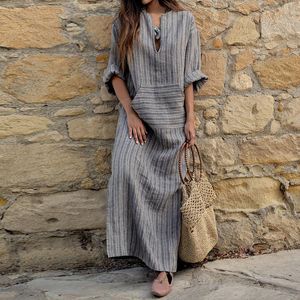 Kvinnor Bomull Linen Klänning Stor Storlek 5XL Stor storlek Kaftan Långärmad 2020 Sommar Striped Women Plus Long Maxi Boho Dresses