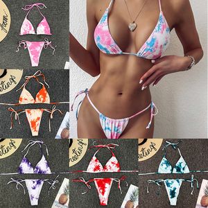 2020 Kobiet bikini Stroje kąpielowe Sexy Zdobione Kostium Kąpielowy Tie-Dye Styl Halter Lace Up Women Bikinis 11 Kolory M140