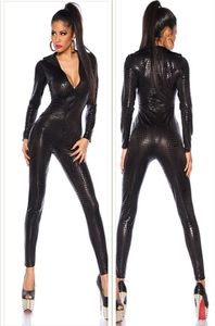 Tuta da donna sexy con cerniera in PVC aderente Catsuit in pelle di serpente Tuta Clubwear #R45