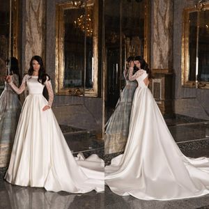 2020 Simple Elegant Bridal Dresses Jewel Long Sleeves Appliqued Satin Lace Wedding Dress Hollow Back Court Train Custom Made Robes De Mariée