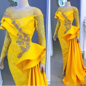 Luxury Beaded Yellow Mermaid Evening Dresses Lång Illusion Sleeves Lace Applique Sequins Satin Peplum Prom Klänning Formell Tillfälle Slitage