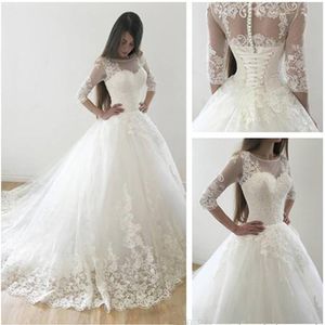 أنيقة 3/4 الأكمام كرات فساتين الزفاف أبيض الدانتيل الدانتيل حتى اللباس الزفاف رداء de mariage Vestido de