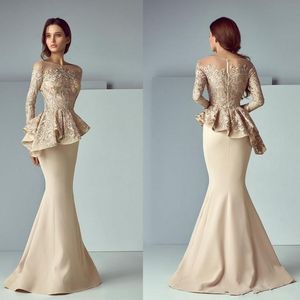 Champagne حورية البحر فساتين السهرة شير الرقبة peplum الرباط الساتان طويلة الأكمام دبي العربية الرسمي حفلة موسيقية اللباس الأم من فستان العروس