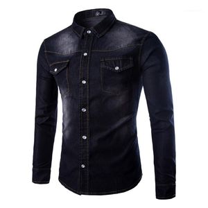 Herren Denim Shirts Frühling Herbst Mode Doppel Tasche Solide Shirts Casual Slim Fit Shirts Homme Tops1