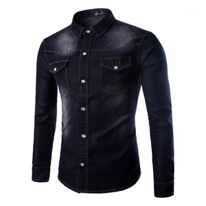 Mens Denim Camisas Primavera Outono Moda Dupla Bolso Sólido Camisas Casuais Slim Fit Camisas Homme Tops1