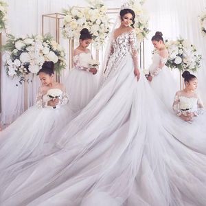 Florais vestidos de noiva apliques 3D Vintage Sheer Jewel Neck Lace Tulle Garden vestidos de noiva vestido de novia sexy vestido longo da luva