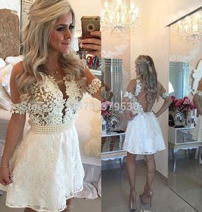 White Short Homecoming Dresses Short Sleeve Sheer Lace Appliqued Knee Length Graduation Prom Dresses With Pearls HY1486