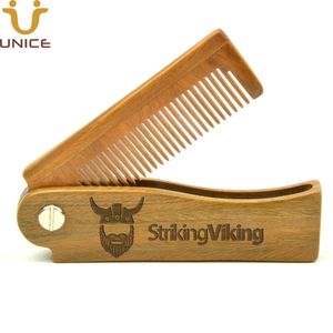 MOQ 50 PCS OEM Custom LOGO Folding Green Sandalwood Wooden Hair Combs for Men's Beard Mustache Head Hairs Styling Anti Static Pocket Comb