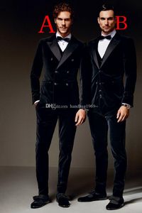 Popüler Siyah Kadife Damat smokin Tepe Yaka Groomsmen Mens Suits Düğün / Gelinlik / Akşam Blazer (Ceket + Pantolon + Vest + Tie) K283
