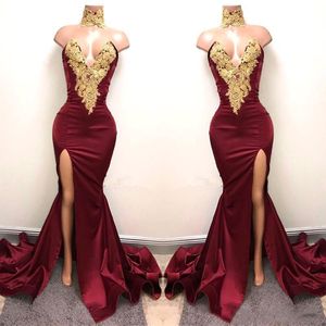 Neue sexy Burgunder Ballkleider mit goldener Spitze Appliqued Mermaid Front Split für 2K19 Prom Party Abendkleid Kleider