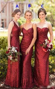 Burgundia Cekiny Mieszane Style Druhna Suknie Ruched Spaghetti Paski Bez Ramiączek V Neck Garden Maid of Honor Suknia Formalne wieczorne zużycie