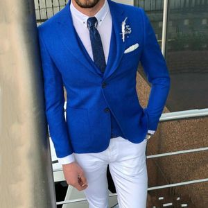 Moda Royal Blue Groom Tuxedos Notch Lapel Slim Fit Groomsman Wedding Tuxedos Men Prom Kurtka Blazer 3 Piece Suit (Kurtka + spodnie + krawat + kamizelka) 2
