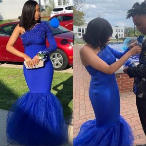 2024 Sexy Royal Blue Mermaid Evening One Shoulder Lace Appliques Tulle Black Girl Floor Length Plus Size Prom Dresses Party Gowns 403