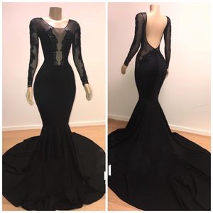 Sexy Big Open Back Black Dresses Evening Wear Mermaid Prom Dress Illusion Long Sleeve Lace vestido de novia Red Carpet Dress Runway Fashion