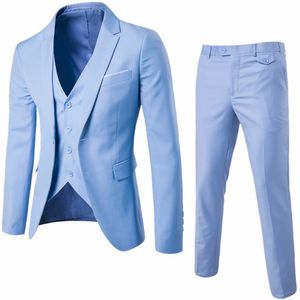 Ljusblå brudgum Tuxedos Notch Lapel Män Bröllop Tuxedos Populära män Business Dinner Prom Blazer 3 Piece Suit (Jacka + Byxor + Tie + Vest) 1065