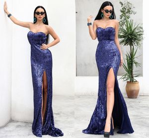 Sparkly Sequined Dark Navy Evening Dresses High Side Split Floor Length Prom Dress Formal Party Gowns Cheap Dresses Evening Wear Vestidos