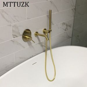 MTTUZK 황동 닦았 골드 욕조 수도꼭지 핸즈프레이 핫 및 차가운 믹서 수도꼭지 세트 검은 벽 마운트 욕조 샤워