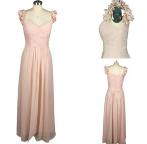 2019 Blush Pink Long Chiffon Brudtärna Klänningar Sweetheart Bridesmaid Formell Prom Party Dress Ruffles Anpassad med handgjorda blommor