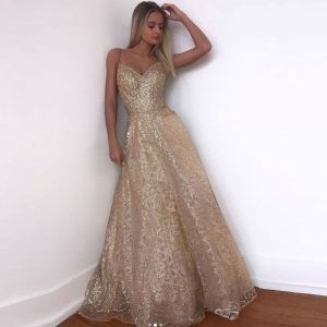 Gold Abendkleid Lange Sparkle 2022 Neue V-ausschnitt Frauen Elegante Träger Pailletten A-linie Maxi Prom Party Kleid Kleid abendkleider246E