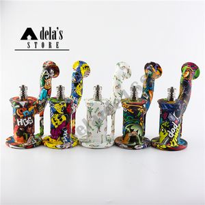 Printing Silicone Water Pipe Unbreakable Hookahs Dab Rig With Stainless Steel Dabber Nail Silicon Jar Container