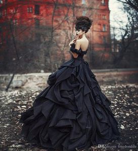 Vintage gotisk svart bollklänning spets bröllopsklänningar från axel ruffles draperade tiered kjol lyx plus size bröllopsklänning brud293j