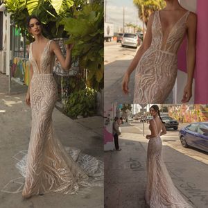 Illusion Sukienki syreny bez pleców głębokie V Neck Sexy Beach Wedding Suknie
