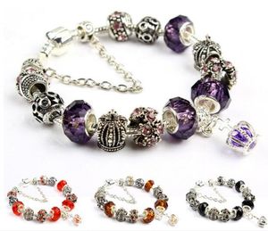 Charme pulseira 925 pulseiras de prata para mulheres Royal Crown Pulseira Roxo Cristal Beads DIY Jóias Presente de Natal GD90