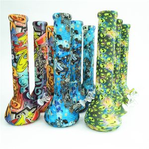 Silikon Bong Rökpipa Glow In The Dark Silikonrör Bägare Base 13,5 tum Unbreable Water Pipe Printing Med Glasskål