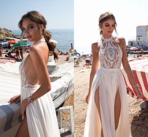 2023 Gali Karten Beach Abito da sposa Side Split Halter Illusion Sexy Boho Abiti da sposa Sweep Train Perle Backless Bohemian Bride