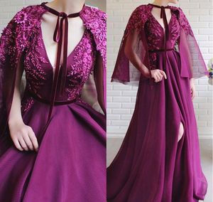 2020 Grape Purple Prom Dresses Sexy With Side Slit V Neck Holidays Party Gowns Plus Size Custom Made