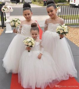 2020の花の女の子のドレス弓の最初の聖体服のドレス女の子のレースアップリケの女の子Pageant Weddings Vestidos Daminha