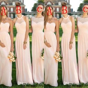 Abiti da damigella rosa a buon mercato lungo per abiti da sposa abito ospite Halter Neck Manleeveless Chiffon Illusione Lunghezza da pavimento più taglia da festa