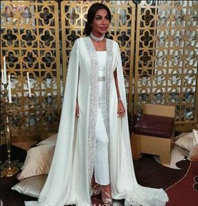 Dubai Muslim Evening Dresses White Sequins moroccan Kaftan Chiffon Cape Prom Special Occasion Gowns Arabic Long Sleeve Dress Evening Wear