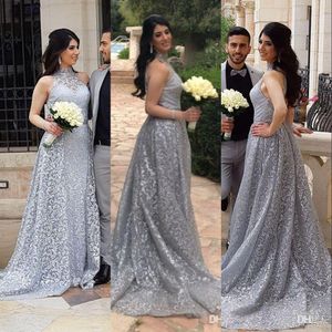 New Sexy Dubai Bling Sliver Gold Sequined Evening Dresses Wear High Neck Illusion Sleeveless Prom Gowns Cheap Pageant Special Occasion Gowns