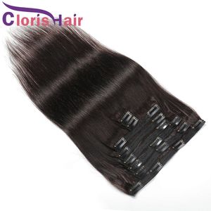 #2 Clipe marrom mais escuro em extensões 100% Humanos Cabelo humano Virgem brasileira sedosa Cabeça cheia 8pcs 120g/Extensões definidas clipes de aço inoxidável