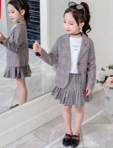여자 치마 정장 세트 2019 봄과 가을 여자 아동복 패션 싱글 격자 무늬 그레이 컬러 정장 Size4-14 WY292
