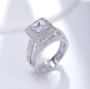 Wholesale- Luxury Jewelry Pure 100% 925 Sterling Silver Princess Cut White Sapphire Gemstones CZ Diamond Women Wedding Couple Ring Set Gift