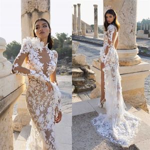 Sexy Illusion Mermaid Wedding Dresses High-neck Long Sleeve Appliqued Lace Hand Made Flower Wedding Gown Sweep Train Bridal Gown Cheap