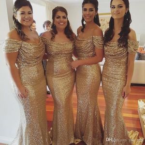 2020 Sexiga Guld Sequined Mermaid Bridesmaid Dresses for Weddings Off Shoulder Pleated Backless Long Arabic Maid of Honor Wedding Guest Chowns